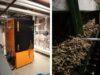 In einem Heizungsraum steht links eine Hackschnitzelheizung des Produkttyps UTSD E-Clean und rechts ist der Brennstoff Hackschnitzel ersichtlich.
